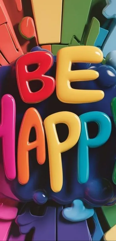 Colorful 3D bubble letters spelling "BE HAPPY" on a rainbow background.